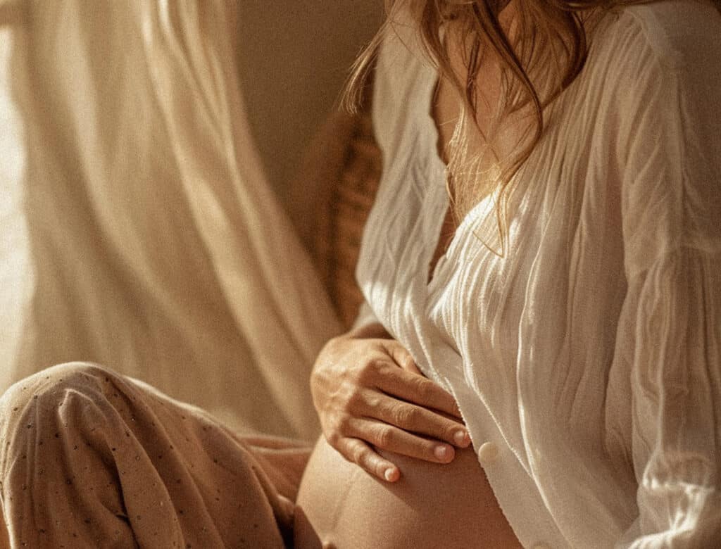 Frau sitzt am Fenste rund hält ihren schwangeren Bauch fest